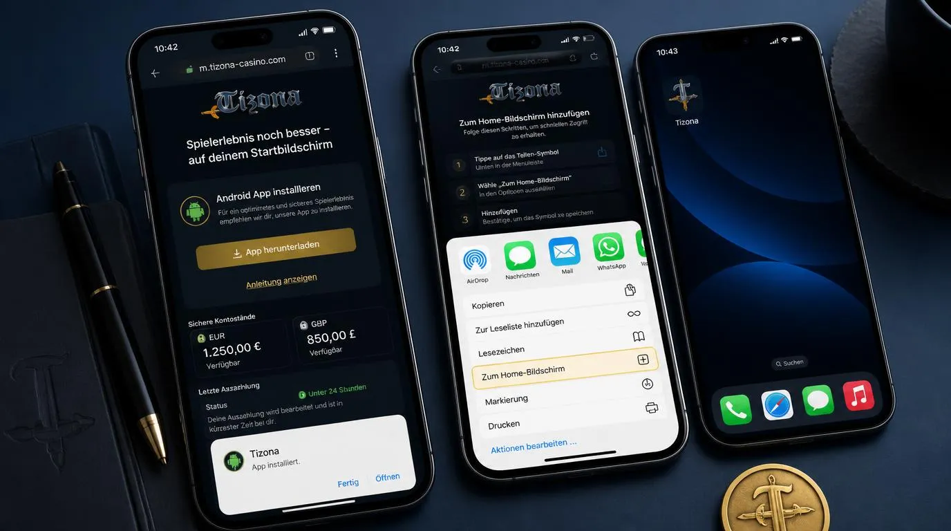 Smartphone mit Casino-App-Installation und Verknüpfung zum Startbildschirm