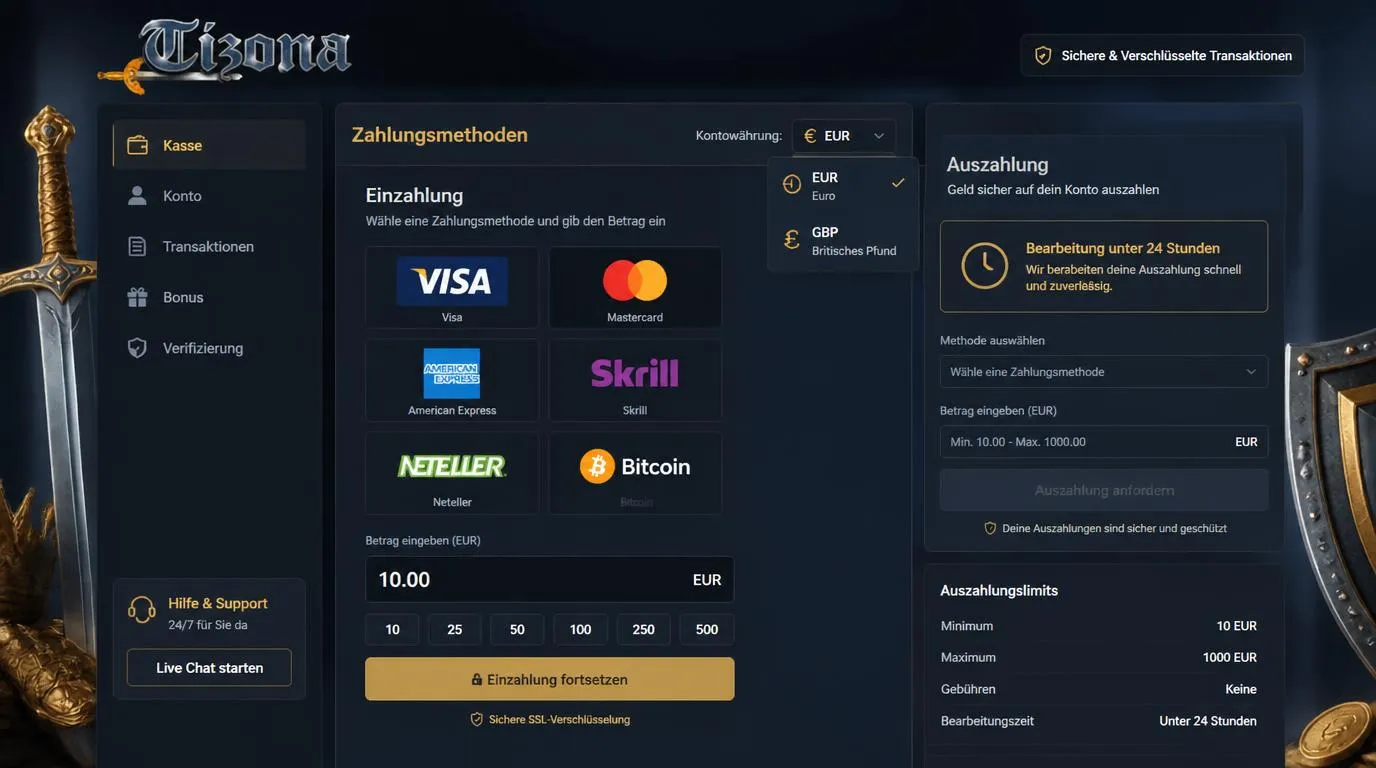 Digitale Casino-Kasse mit Euro-Auswahl, Karten, E-Wallets und Auszahlungsübersicht