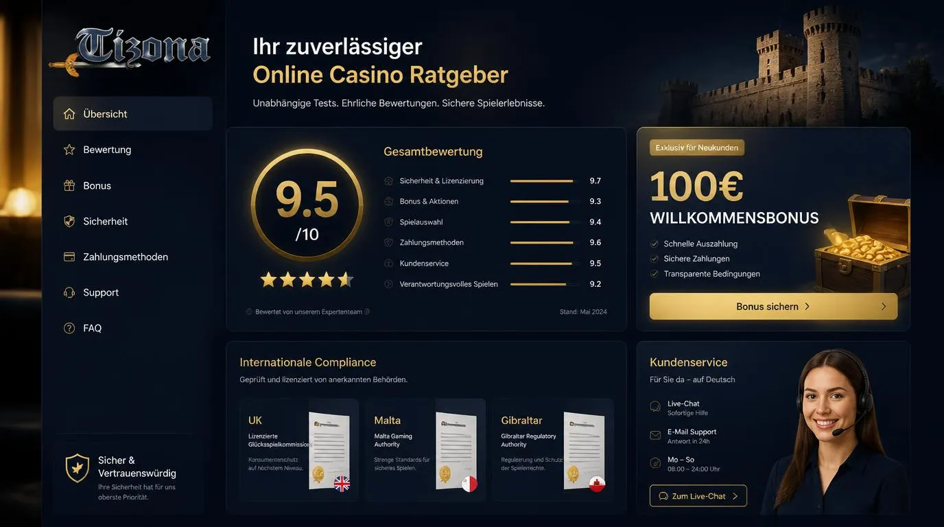 Casino-Bewertung mit 9,5 Punkten, internationaler Lizenzübersicht und 100-Euro-Bonus im Konto