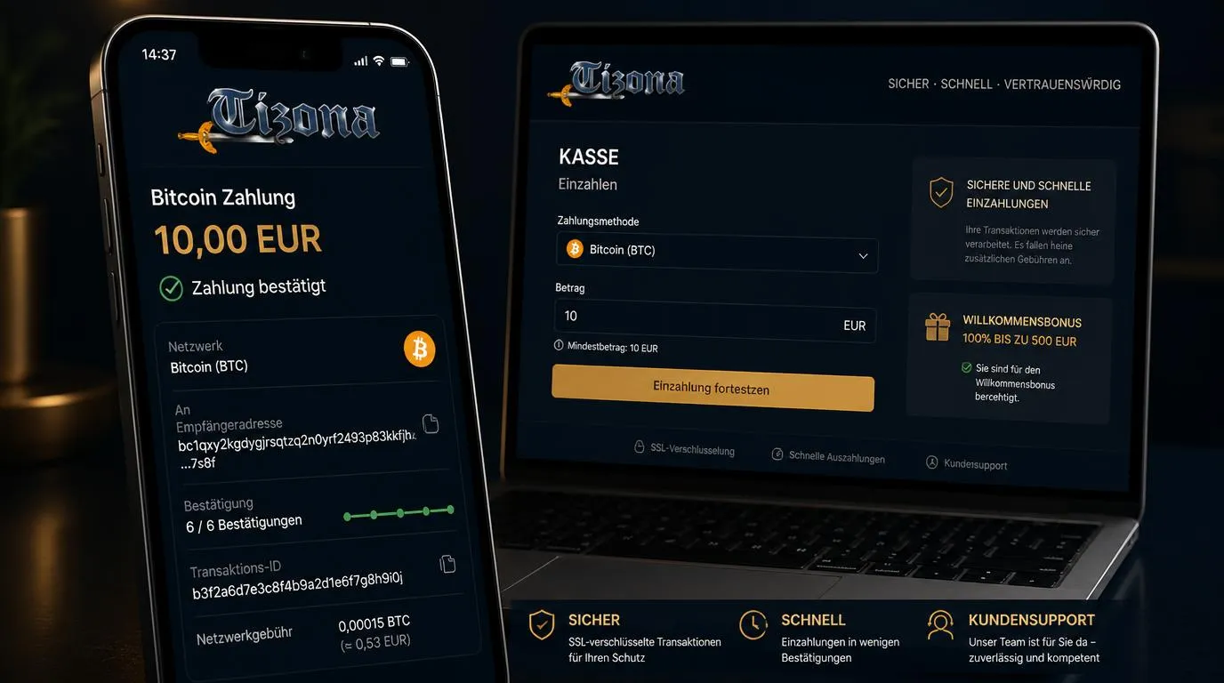 Bitcoin-Wallet auf Smartphone mit bestätigter Casino-Einzahlung und Blockchain-Status