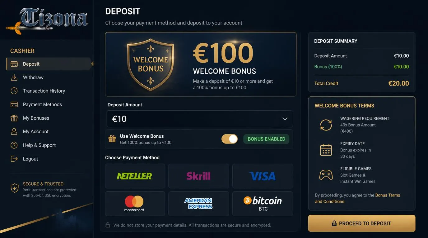 Casino-Kasse mit 100-Euro-Willkommensbonus, 10-Euro-Einzahlung und Auswahl verschiedener Zahlungsarten
