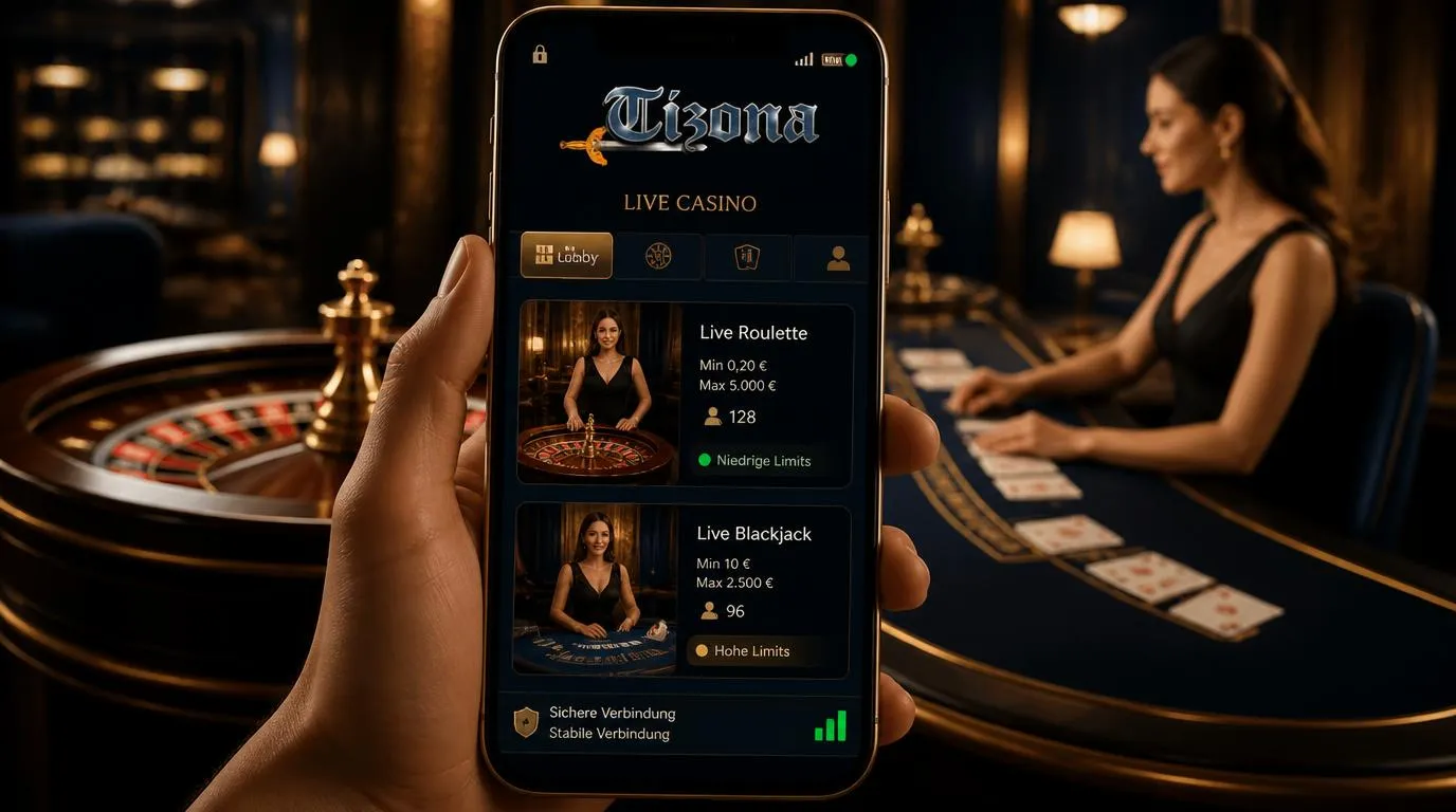 Live-Casino Lobby auf Smartphone mit Roulette- und Blackjack-Tischen sowie sichtbaren Einsatzlimits