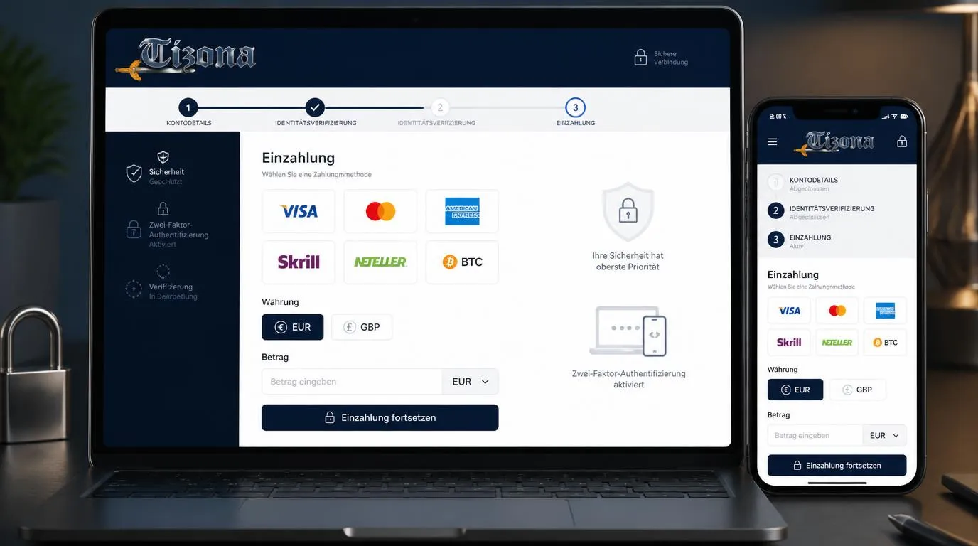 Sichere Casino-Registrierung mit Ausweisprüfung und Auswahl von Karte, E-Wallet oder Bitcoin
