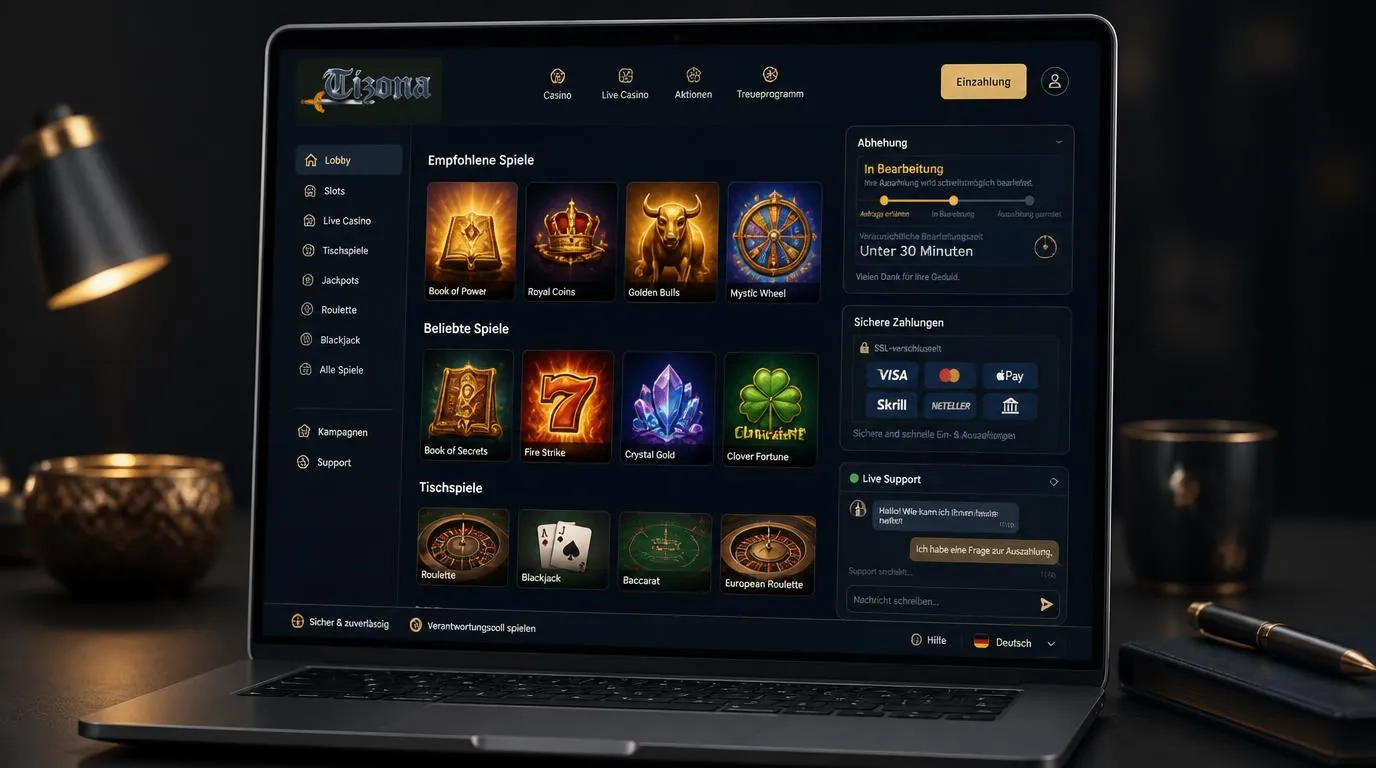Casino-Plattform mit Spielauswahl, Auszahlungsbereich, Kundenservice und sicheren Zahlungsoptionen