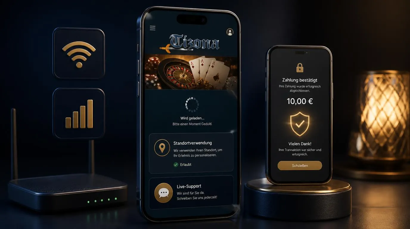 Smartphone mit Casino-App, Ladeanzeige, Standortfreigabe und geöffnetem Live-Chat